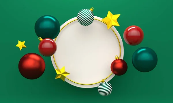 Weihnachtskugeln und Sterne mit Kopierraum. 3D-Darstellung — Stockfoto