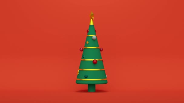 Árbol de Navidad con bolas y estrellas sobre fondo rojo. Animación abstracta — Vídeo de stock