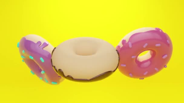 Donuts glacés volants avec poudre sur fond bleu. Animation abstraite en boucle — Video