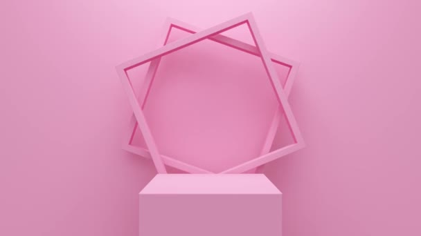 Τετράγωνο βάθρο σε ροζ φόντο τοίχου και κενό πλαίσιο. Αφηρημένη κίνηση βρόχου — Αρχείο Βίντεο
