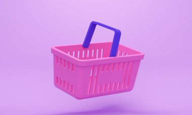 Pembe boş alışveriş sepetli leylak rengi stüdyo. 3d oluşturma