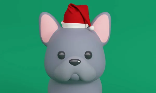 Mignon petit chien français Bulldog dans le chapeau du Père Noël. Rendu 3d — Photo