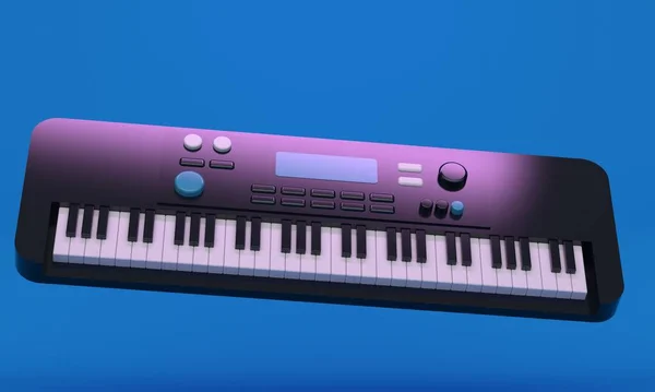 Estúdio azul com sintetizador de instrumentos musicais voadores. Renderização 3d — Fotografia de Stock