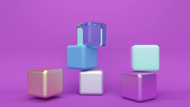 유리, 금속, 플라스틱 큐브를 배경으로 한다. 추상 루프 애니메이션 — 비디오