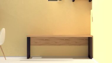 Ev işyerinde ahşap mobilyalar, raflar ve sarı duvarlar var. Minimum modern hareket tasarımı. Soyut canlandırma