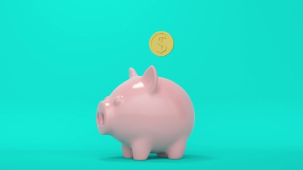 Hucha rosa con monedas de oro cayendo. Animación de bucle abstracto — Vídeos de Stock