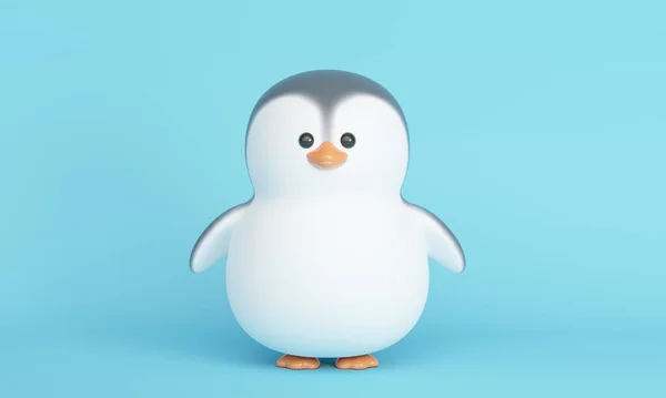 Roztomilý malý tučňák na modrém pozadí. 3D vykreslování — Stock fotografie