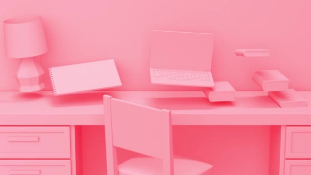 Γυναικείο ροζ δωμάτιο εσωτερικό με laptop και λάμπα. Αφηρημένη κίνηση βρόχου — Αρχείο Βίντεο