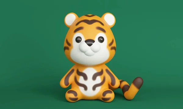 Cute little tiger sitting on green background. 3d rendering — Photo