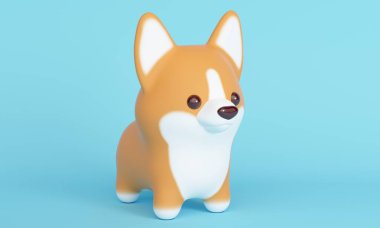 Mavi arka planda şirin bir Corgi köpeği. 3d oluşturma