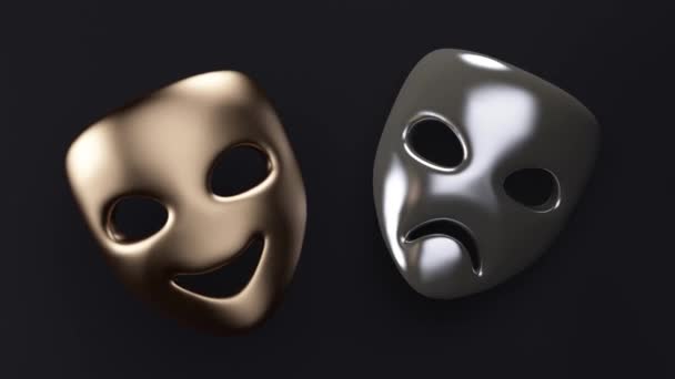 Χρυσή και ασημένια θεατρική μάσκα με συναισθήματα. Αφηρημένη κίνηση βρόχου — Αρχείο Βίντεο