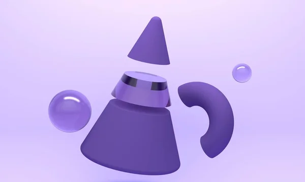 摘要在紫丁香背景上有圆锥和玻璃球的抽象构图。3d渲染 — 图库照片