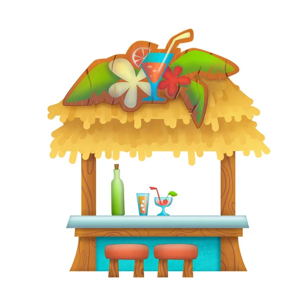 Bar Plage Avec Cocktails Isolés Sur Fond Blanc Mignonne Illustration — Photo