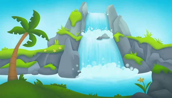 Cascada Paisaje Palmera Fondo Del Juego Linda Ilustración —  Fotos de Stock