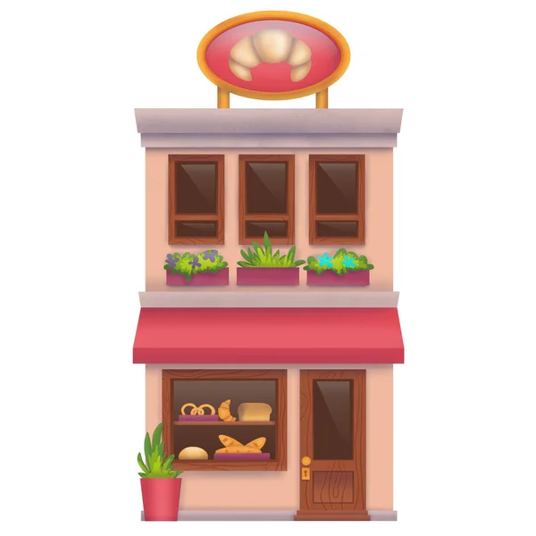 Bakery Building Croissant Logo Isolated White Background Cute Illustration — Stok fotoğraf