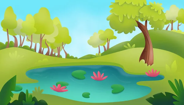 landscape forest lake. Game backdrop. Cute illustration.