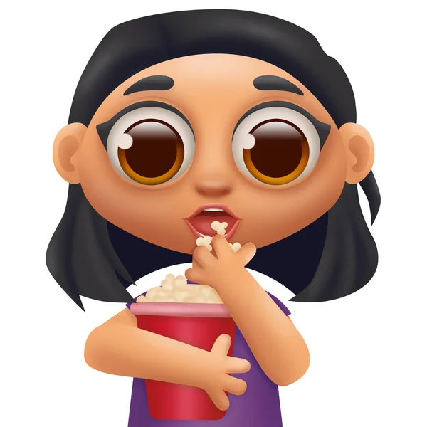 Gadis Kartun Bahagia Makan Popcorn Yang Terisolasi Dengan Latar Belakang — Stok Foto