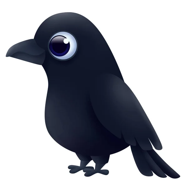 Cartoon Black Raven Isolated White Background Cute Illustration — Photo