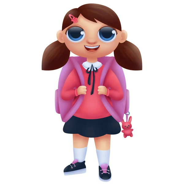 Happy Cartoon Schoolgirl Backpack Isolated White Background Cute Illustration — 스톡 사진