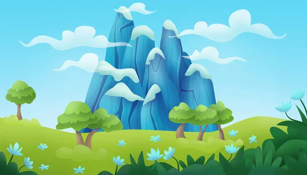 Mountain Landscape Green Field Game Backdrop Cute Illustration — Zdjęcie stockowe