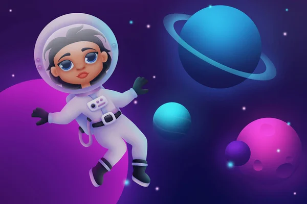 Жінка Астронавт Космосі Планетами Зірками Цифрова Ілюстрація — стокове фото