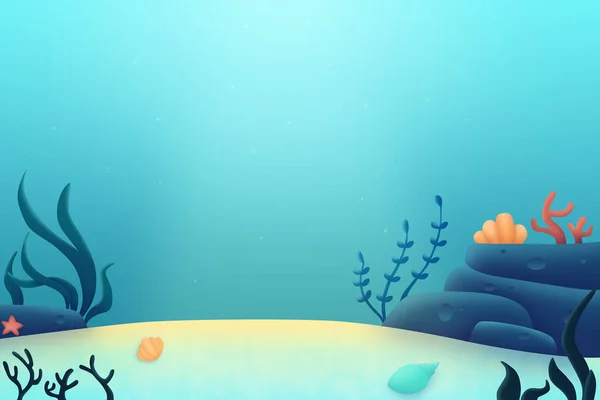 Landscape underwater ocean floor with algae. Game backdrop. Digital illustration.