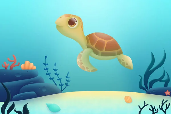 ウミガメや植物と水中の海底の風景 デジタルイラスト — ストック写真