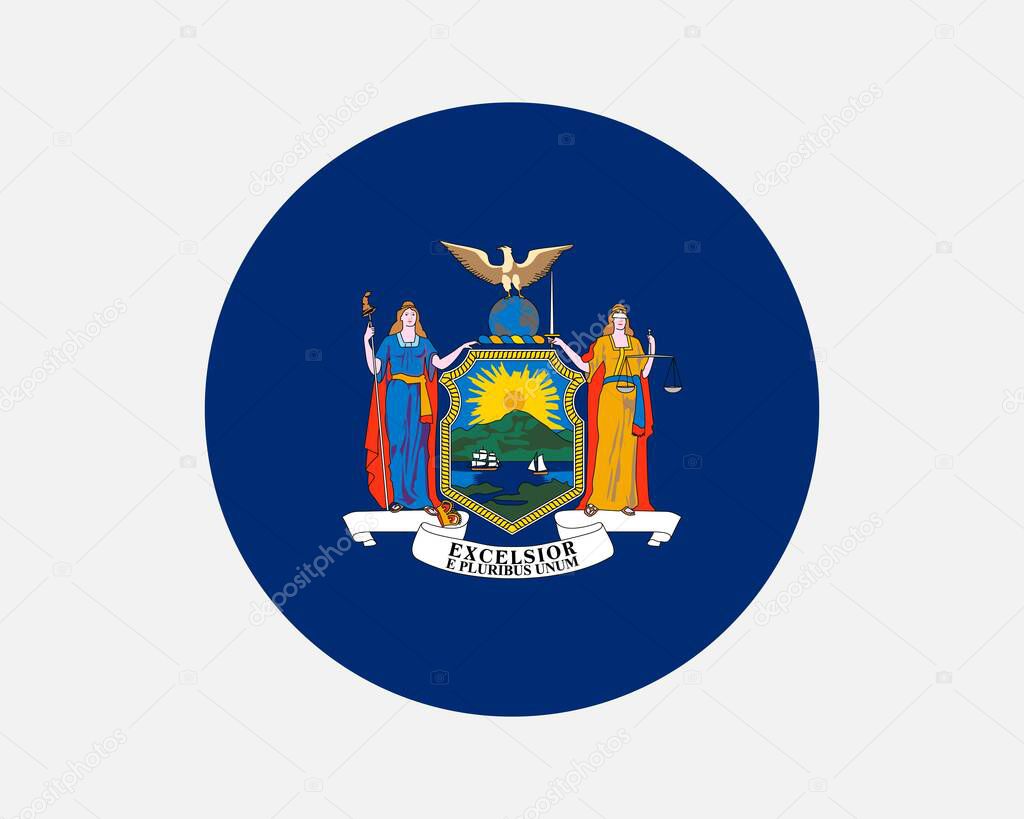 New York USA Round State Flag. NY, US Circle Flag. State of New York, United States of America Circular Shape Button Banner. EPS Vector Illustration.