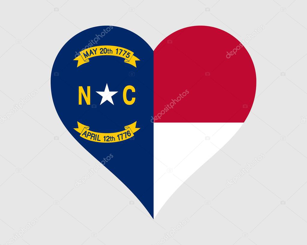 North Carolina USA Heart Flag. NC US Love Shape State Flag. North Carolinian United States of America Banner Icon Sign Symbol Clipart. EPS Vector Illustration.