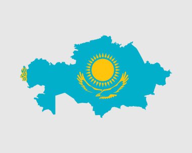 Kazakistan Harita Bayrağı. Kazakistan Cumhuriyeti haritasında Kazakistan ülke bayrağı var. Vektör İllüstrasyonu.