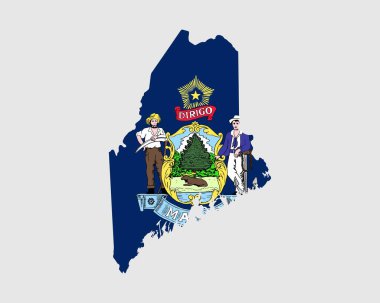 Maine Harita Bayrağı. Benim haritam, ABD bayrağıyla birlikte. Amerika, Amerika, Amerika, Amerika Birleşik Devletleri, ABD Bayrağı. Vektör illüstrasyonu.