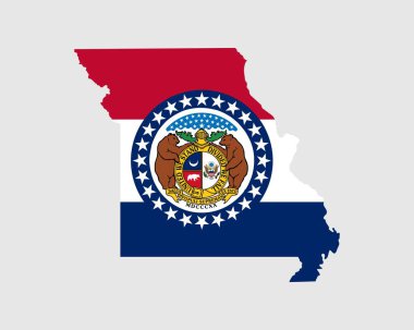 Missouri Harita Bayrağı. MO haritası, eyalet bayrağıyla ABD. Amerika, Amerika, Amerika, Amerika Birleşik Devletleri, ABD Bayrağı. Vektör illüstrasyonu.
