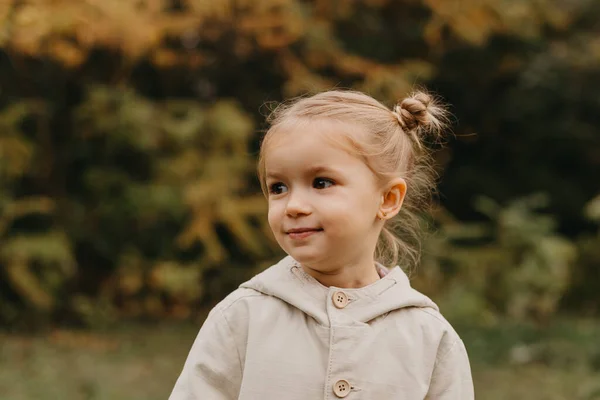 Sonbahar Havası Sonbahar Parkında Yürüyen Küçük Tatlı Bir Kızın Portresi — Stok fotoğraf