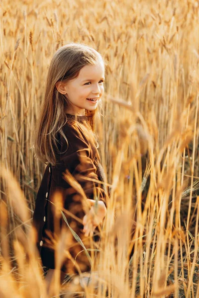 Vacker Flicka Ett Vetefält Flickor Sädesfältet Söt Liten Flicka Sommarfältet — Stockfoto