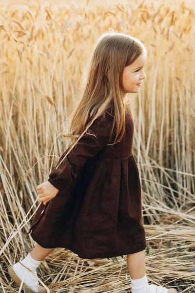 Şık Elbiseli Bir Kız Batan Güneşin Işınlarında Olgunlaşmış Buğday Tarlasında — Stok fotoğraf