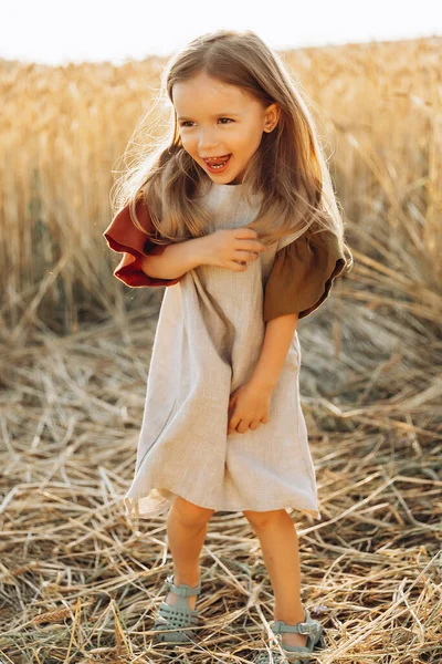 Досить Річна Дівчинка Гуляє Позує Фотографією Пшеничному Полі Заході Сонця — стокове фото