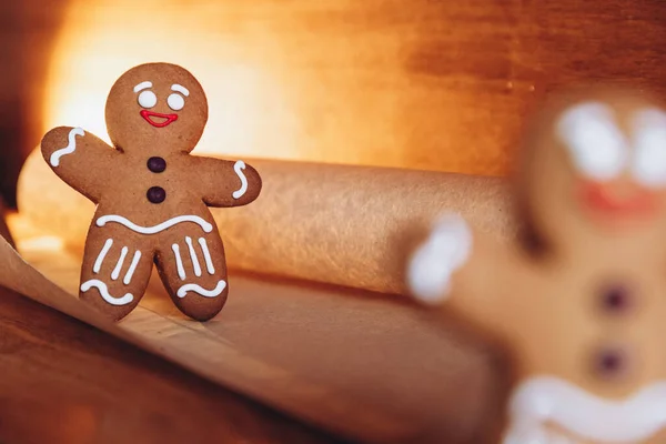 Festive Christmas Composition Gingerbread Cookies Shape Man Background Your Greeting — Stock Photo, Image