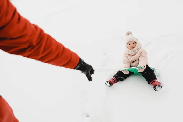 Happy Father Baby Son Having Fun Sunny Winter Snow Holiday — Stock Photo, Image