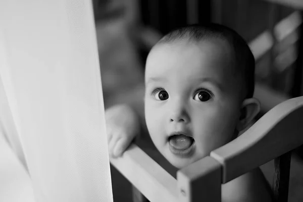 Portret Van Een Maanden Oud Baby Meisje Staat Een Wieg — Stockfoto