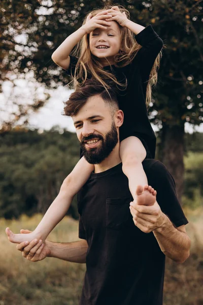 Portrait Father Child Stylish Father Beard Keeps His Arms Child — Fotografia de Stock