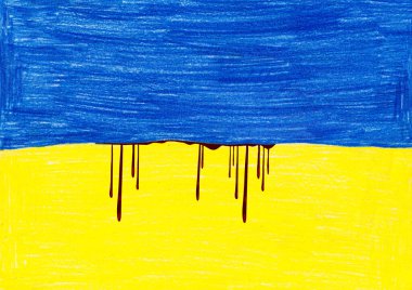 Ukrayna ulusal bayrağı renkli kalemler ve kanla kağıda çizilmiş.