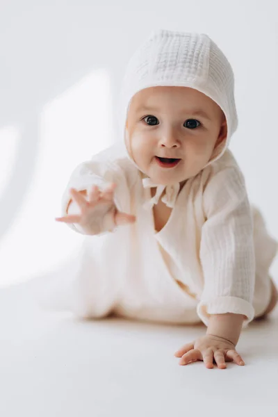 Lindo Retrato Estudio Pequeño Recién Nacido Que Comenzado Gatear Niño — Foto de Stock