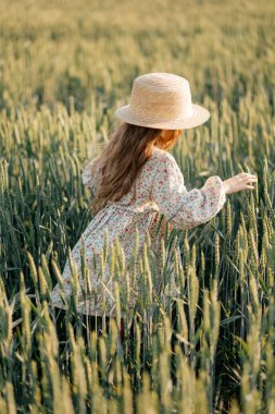 Hasır şapkalı küçük çekici kız yeşil kulaklı buğday tarlasında koşuyor.