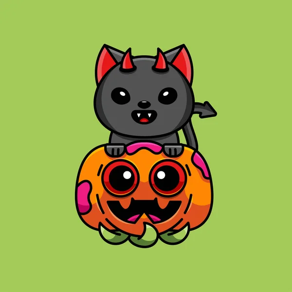 Mascot Logo Sticker和T Shirt设计所需的Cute Devil Cat和Pump Celebrates Hallosuitable — 图库矢量图片