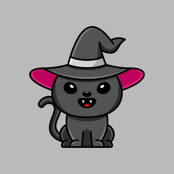Cute Witch Cat Feiert Halloween Für Mascot Logo Sticker Und — Stockvektor