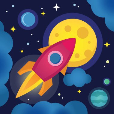 Roket bulutların arasından uzaya uçar. Ay, gezegenler ve yıldızlar arka planda görünür..