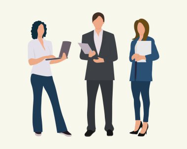 Bir adam ve iki kadın. İş yerindeki insanlar. Vektör karakterleri, düz simge, beyaz arkaplanda izole.