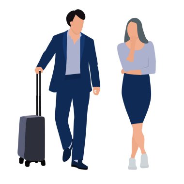 Bir erkek ve bir kadın. Bir kadın ona bakarken bavullu bir adam. İş yerindeki insanlar. Vektör karakterleri, düz simge, beyaz arkaplanda izole.