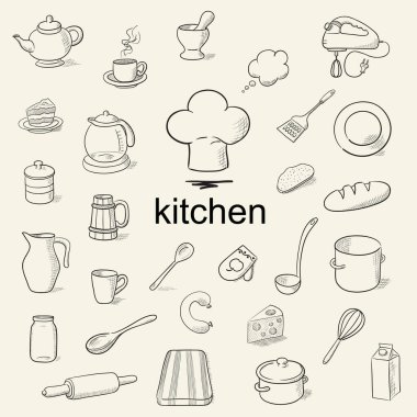 El çizimi mutfak aletleri. Vektör illüstrasyonu.