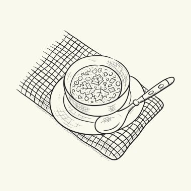 Plate of soup and spoon on towel. Lunch at a restaurant or bar. Menu. Lunch on the table. Hand drawn vector illustration.